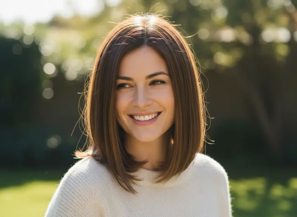 Jeune femme brune avec un carré plongeant long