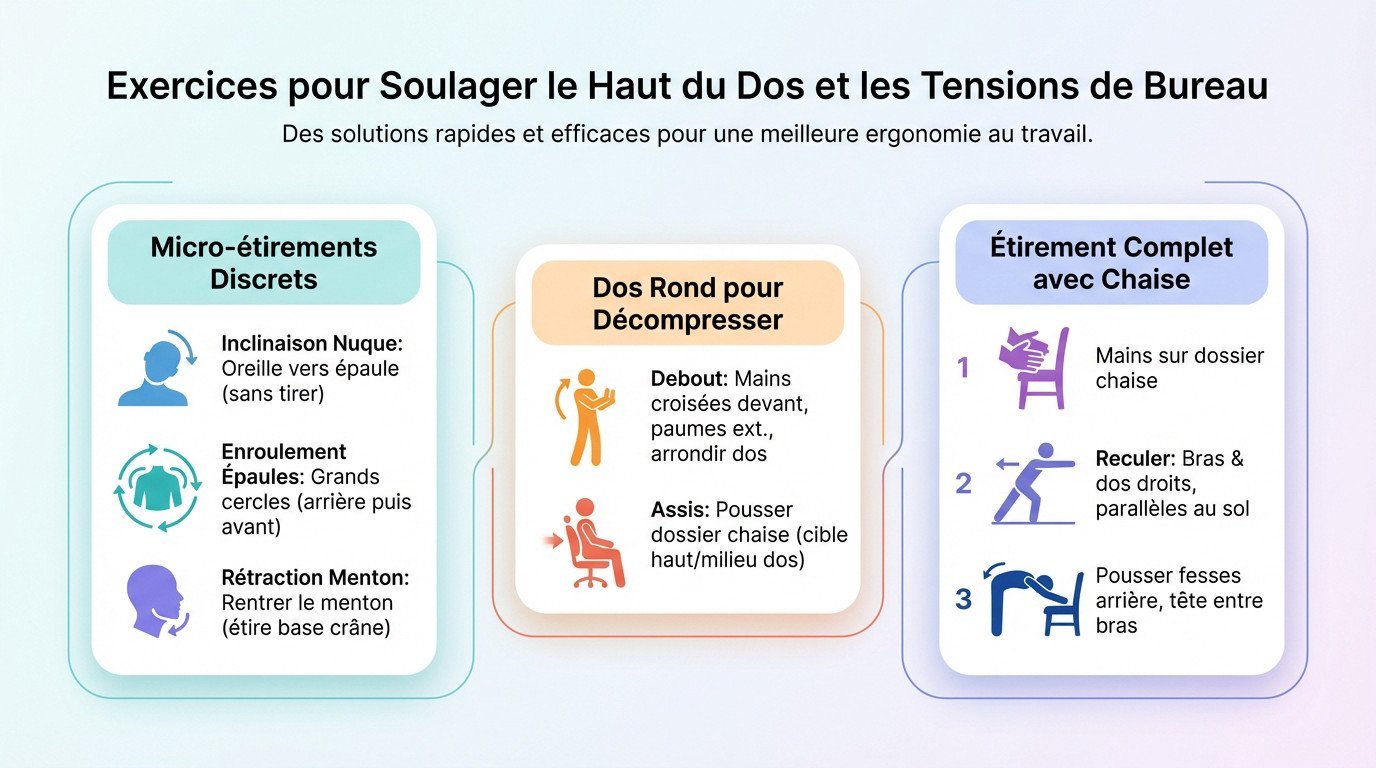 Femme effectuant un étirement du haut du dos au bureau pour soulager les tensions