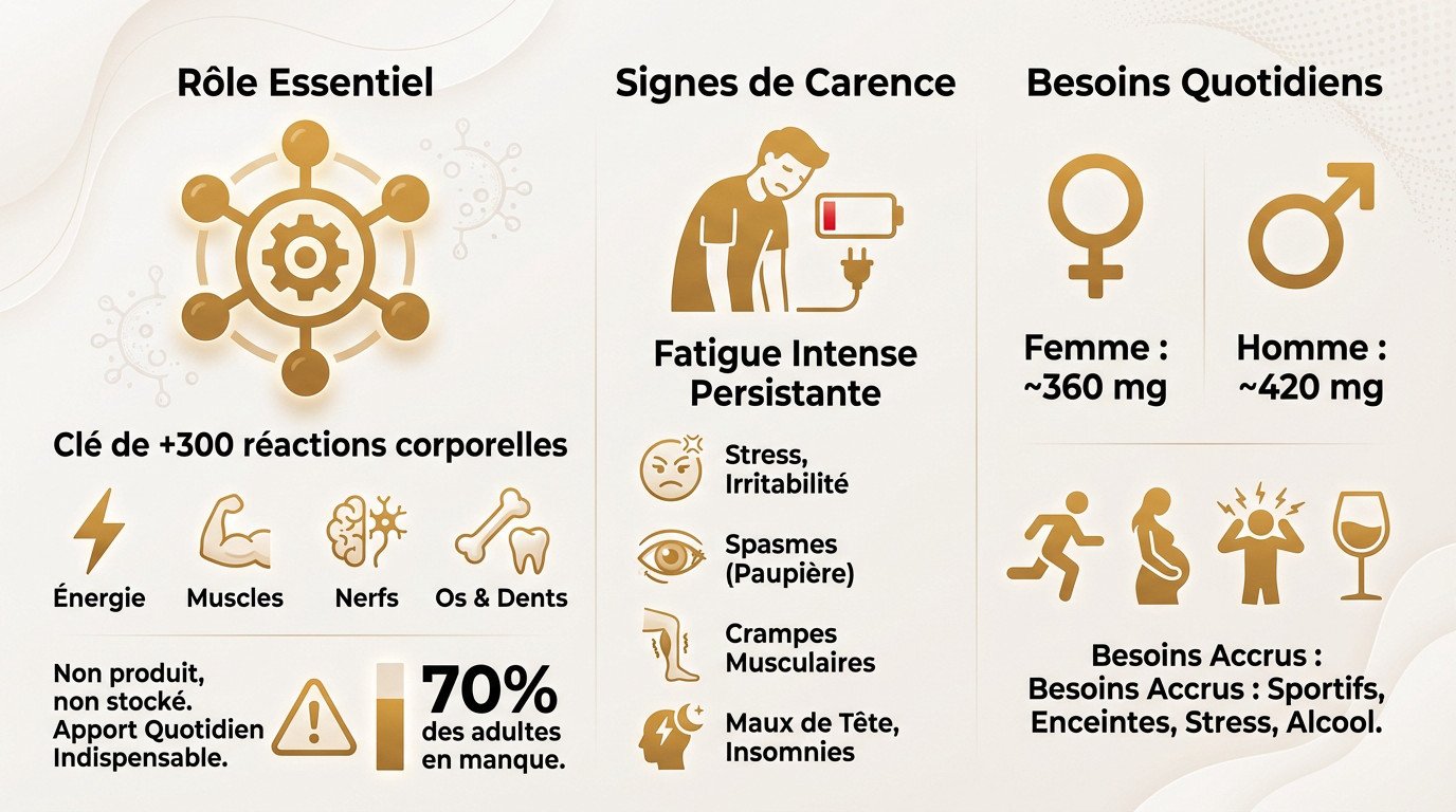 Infographie détaillant le rôle du magnésium, les symptômes de carence et les besoins journaliers