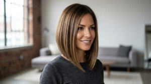 Femme avec une coupe carré plongeant long