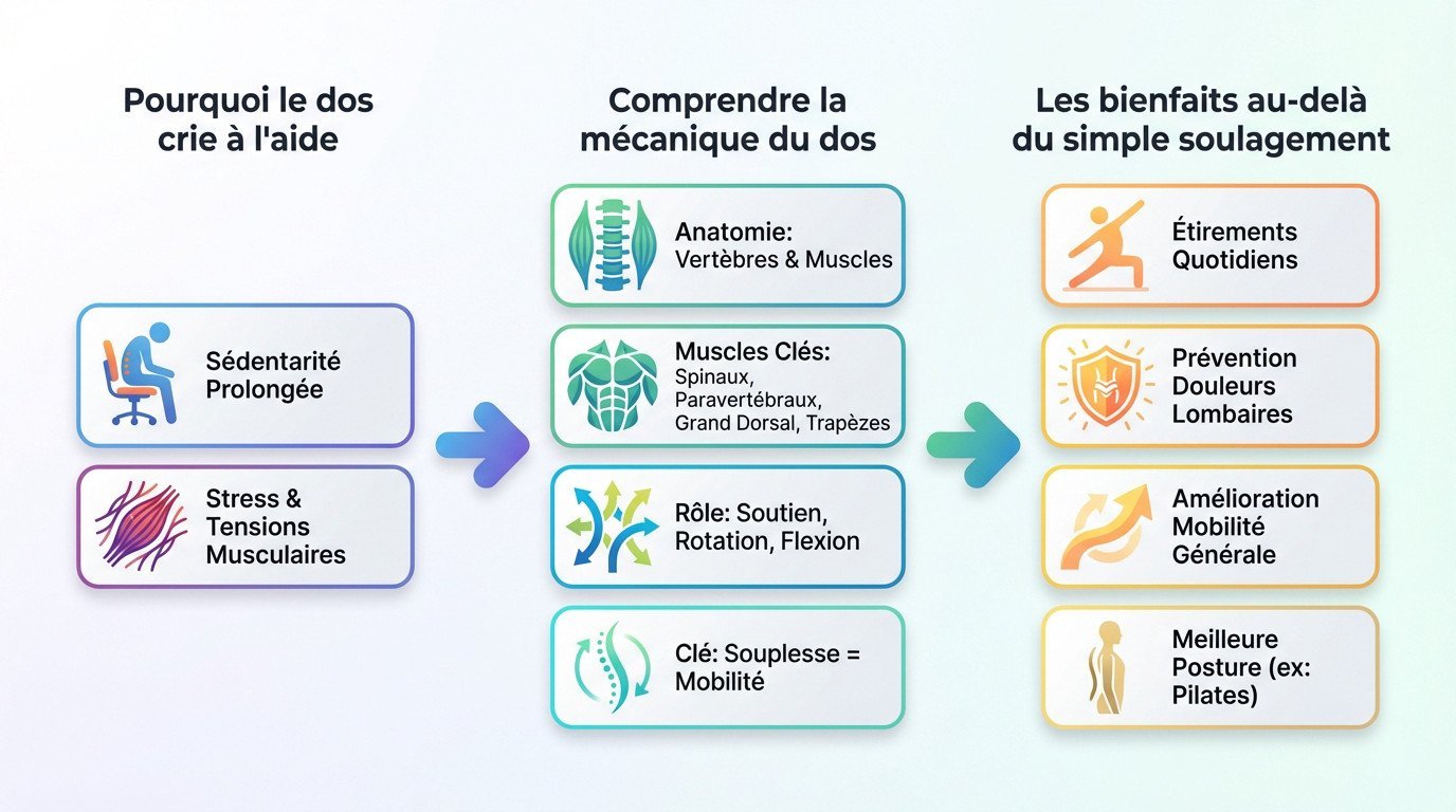 Schéma anatomique montrant les muscles du dos et les zones de douleurs lombaires