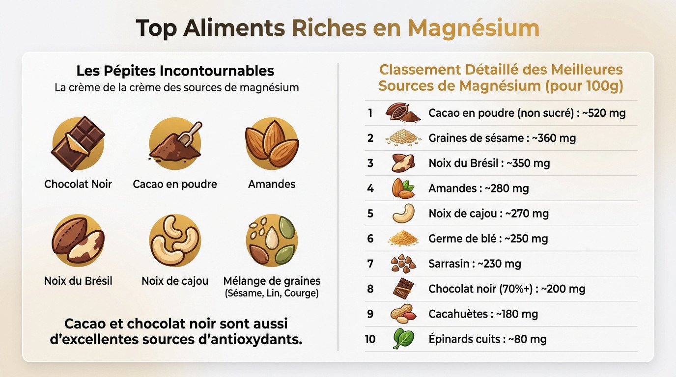 Assortiment d'aliments riches en magnésium comme le cacao et les amandes sur une table