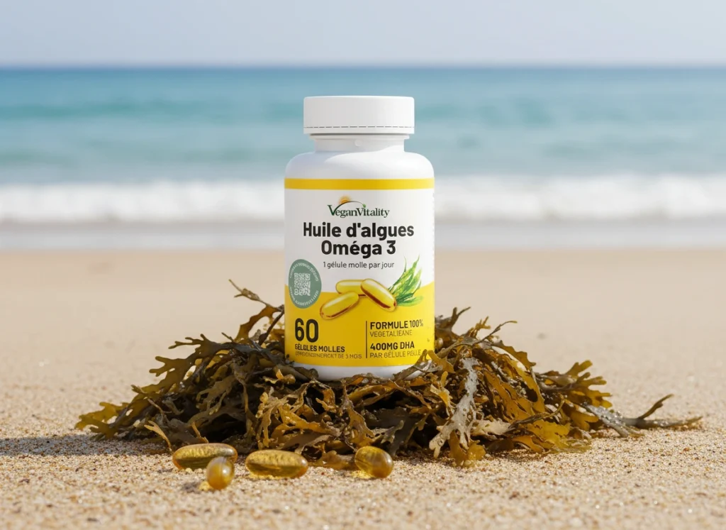 Huile d'algues riche en omega 3 posé sur un tas d'algues sur le sable