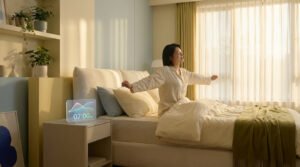 A well-rested woman stretches in a sunlit modern bedroom with a smart alarm showing '07:00 AM' and colorful sleep cycle data.
