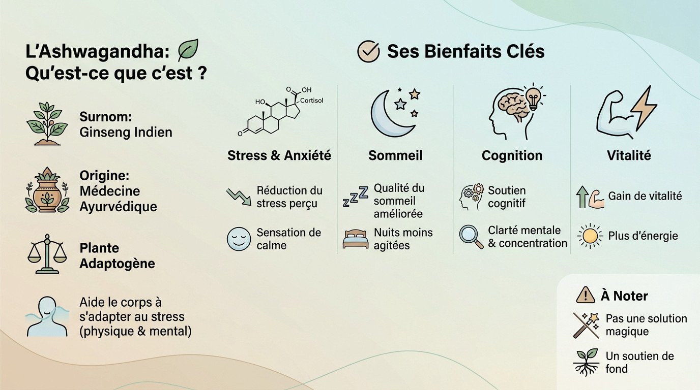 Illustration des racines d'ashwagandha et de ses bienfaits sur le stress et la vitalité