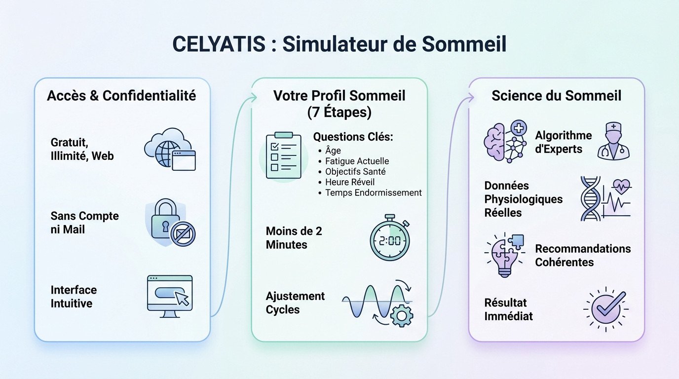 Interface du simulateur de sommeil Celyatis affichant les étapes du test personnalisé