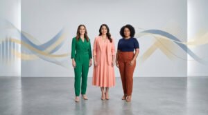 Three diverse women in stylish, colorful attire stand confidently in a modern studio with abstract lines in the background.