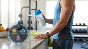 Un homme musclé buvant un shaker de Whey Nutripure