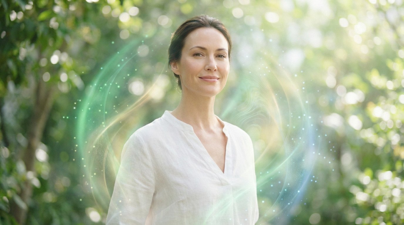 A serene woman with radiant skin, enveloped in a glowing aura of green, gold, and blue, symbolizing health and vitality in nature.