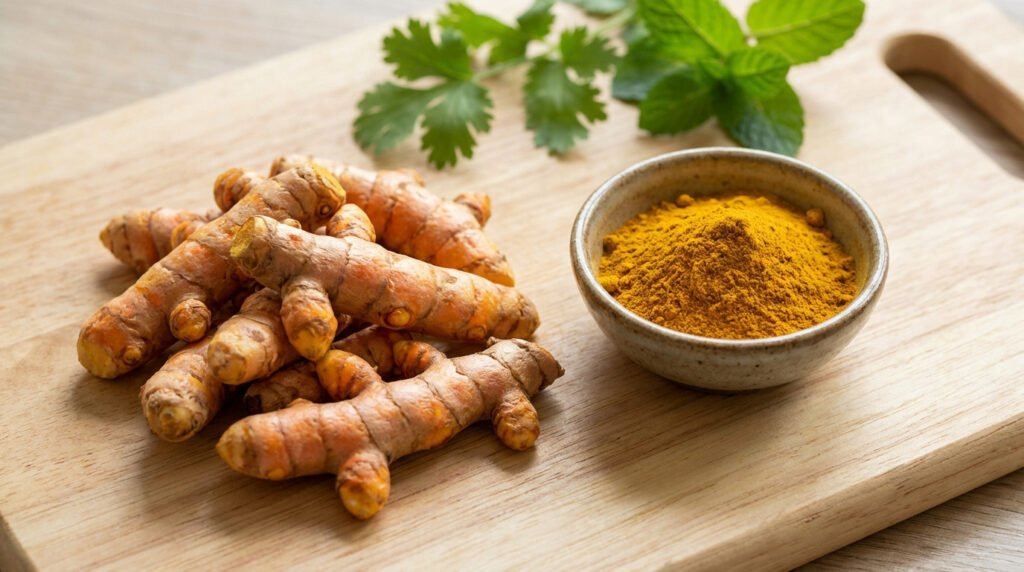 A pile of fresh turmeric roots and a bowl of golden turmeric powder on a light wooden board, with blurred green herbs.