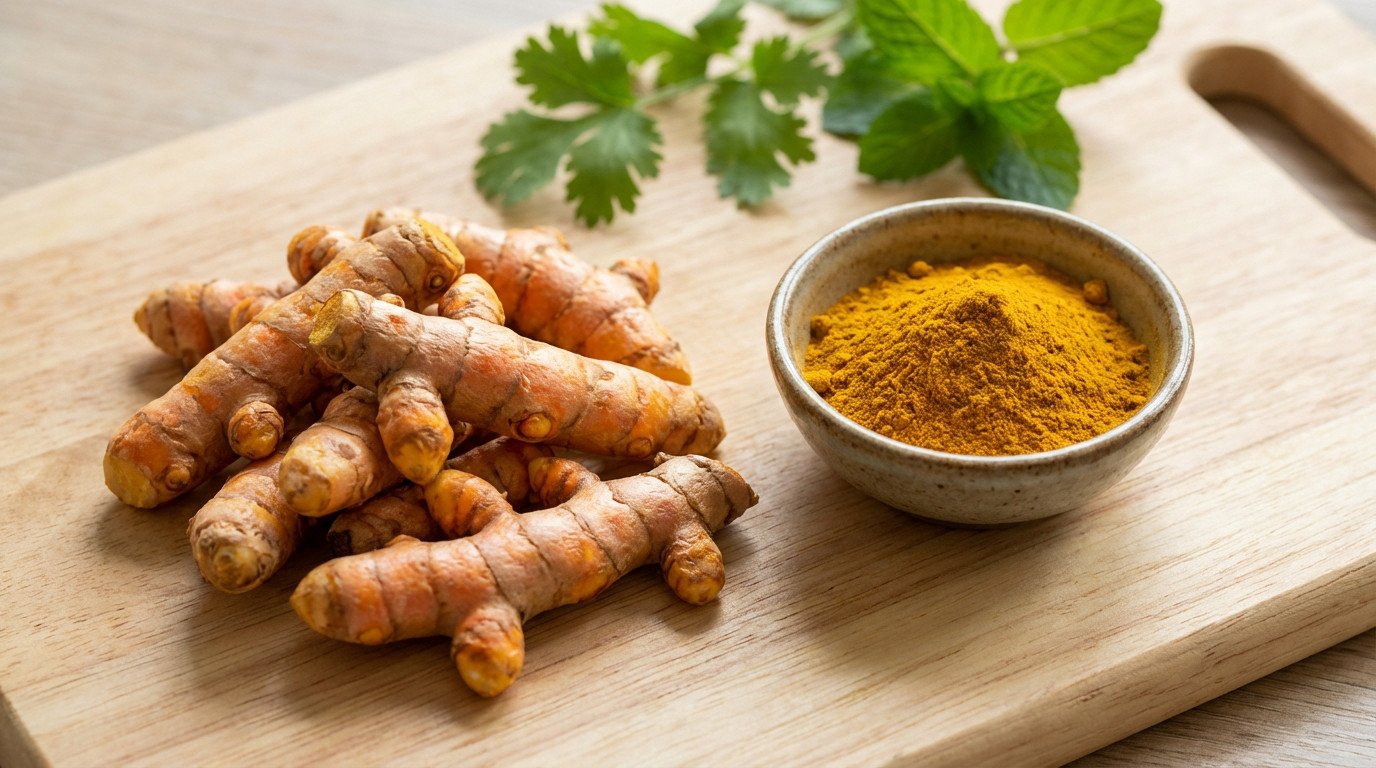 A pile of fresh turmeric roots and a bowl of golden turmeric powder on a light wooden board, with blurred green herbs.