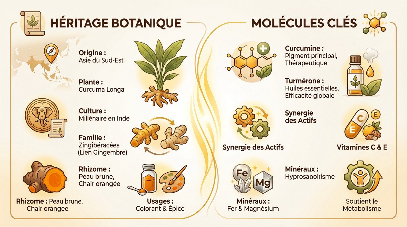 Infographie sur l'héritage botanique du curcuma et ses molécules clés comme la curcumine