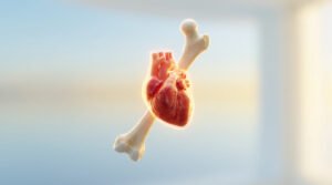 Photorealistic image of a glowing human heart intertwined with a stylized bone, symbolizing health and vitality on a soft blue-yellow background.
