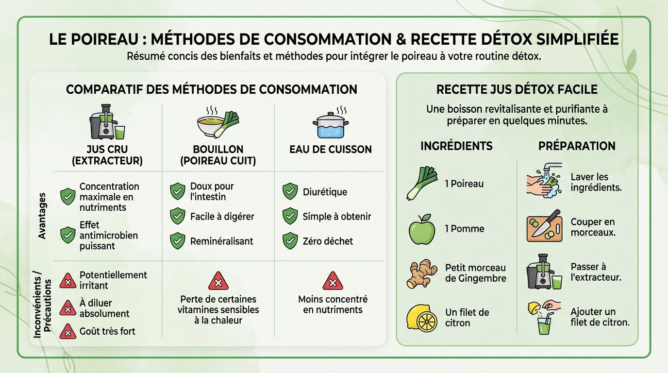 Illustration des différentes méthodes de consommation du poireau et ingrédients pour un jus détox
