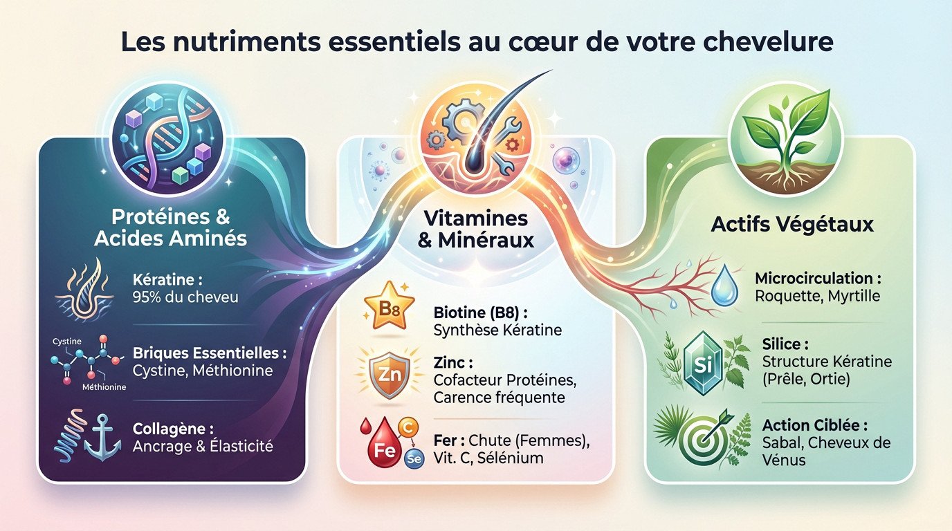 Schéma des nutriments essentiels agissant sur la fibre capillaire : kératine, vitamines et minéraux