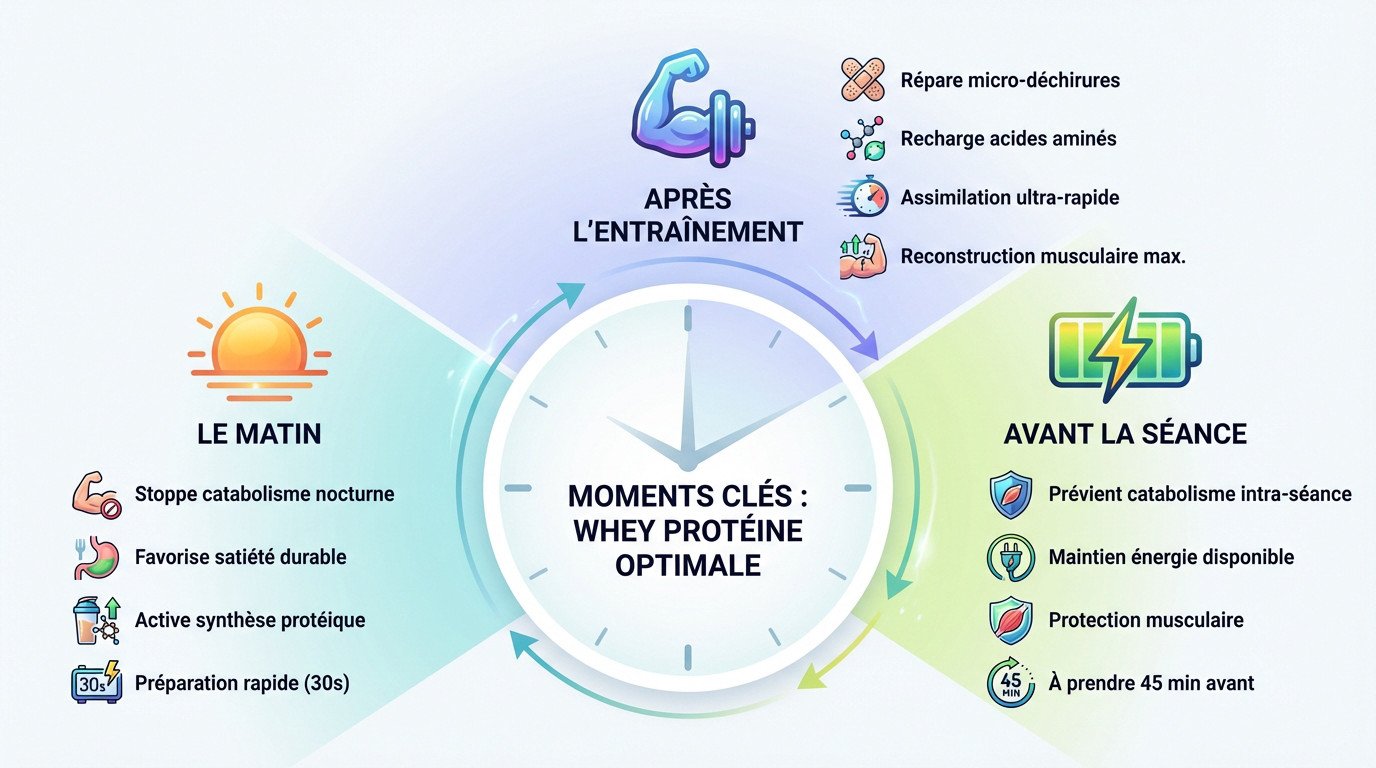 Schéma des moments clés pour prendre de la whey protéine : matin, avant et après entraînement