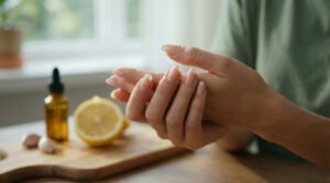 Close-up of hands with healthy, perfectly shaped nails. Blurred background shows lemon, garlic, and dropper bottle for natural care.