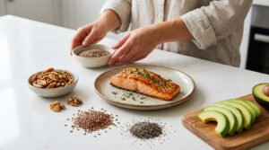 A person's hands arrange a bowl of flax seeds among omega-3 rich foods: cooked salmon, walnuts, chia seeds, and avocado slices on a white counter.