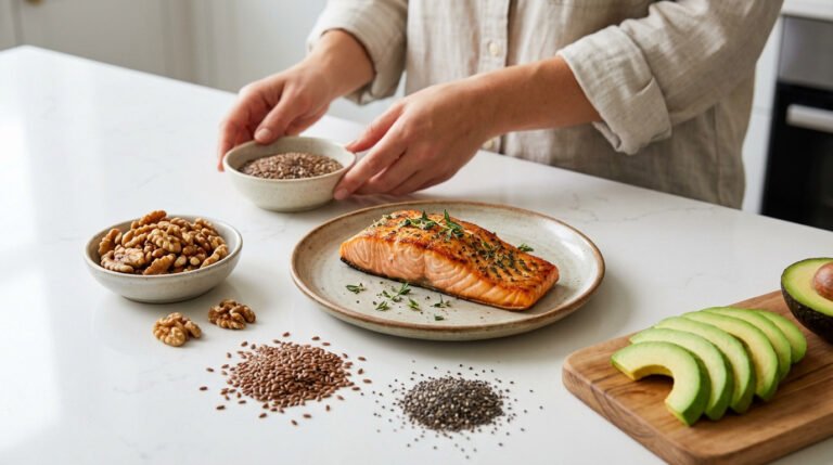 A person's hands arrange a bowl of flax seeds among omega-3 rich foods: cooked salmon, walnuts, chia seeds, and avocado slices on a white counter.