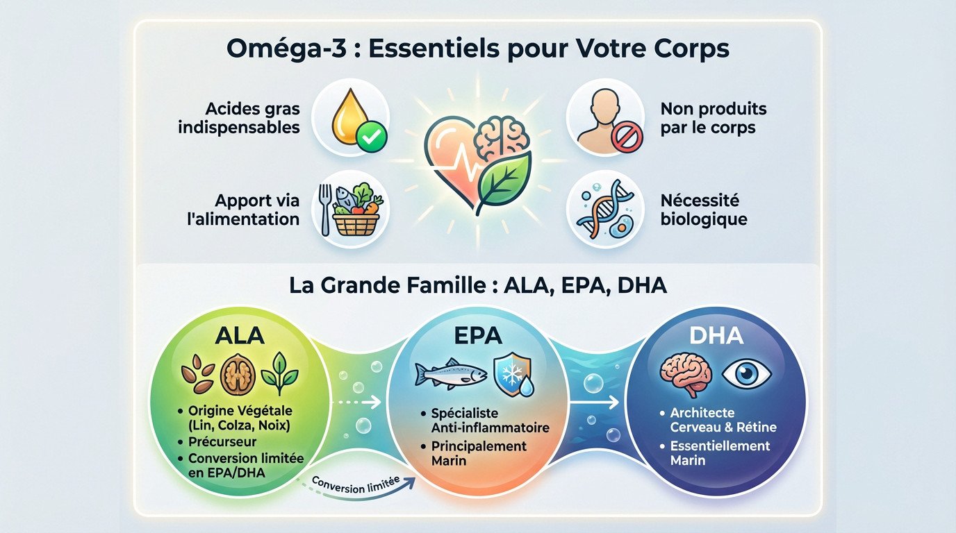 Assortiment d'aliments riches en oméga 3 comme le saumon et les noix