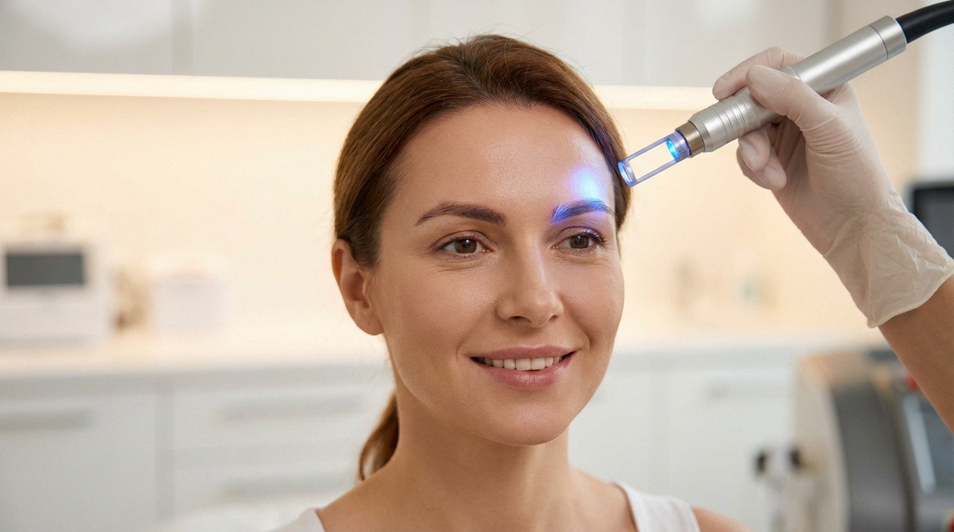 Woman smiling during picosecond laser eyebrow treatment. A precise blue light beam targets her left eyebrow in a medical studio.