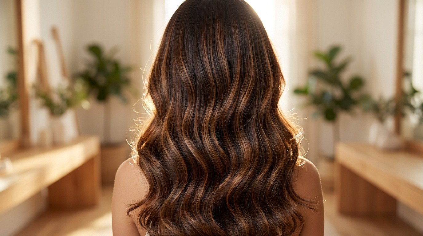 Back of a woman's head showcasing glossy, wavy balayage chocolat noisette hair. Golden light illuminates rich chocolate roots and warm hazelnut highlights.