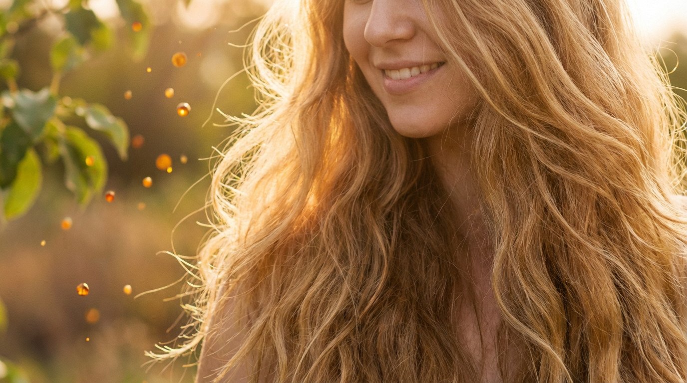 Close-up of a smiling person with radiant, voluminous blonde hair in warm light. Blurred leaves and glowing particles hint at natural vitality.