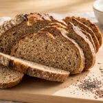 Sliced whole wheat bread on a wooden board with oats, chia, flax, sesame seeds, berries, and apple slices. White roll and flour in background.
