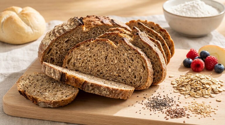 Sliced whole wheat bread on a wooden board with oats, chia, flax, sesame seeds, berries, and apple slices. White roll and flour in background.