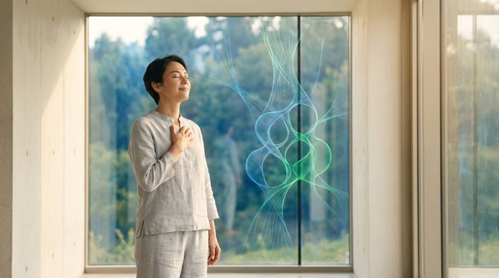 A serene woman in light clothing, hand on chest, eyes closed, stands before a window with glowing blue-green molecular structures and a blurred natural landscape.