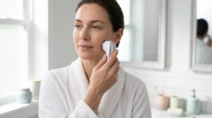 Woman in white robe uses a sleek silver skincare device on her cheek. Thoughtful, serene expression in a bright bathroom setting.