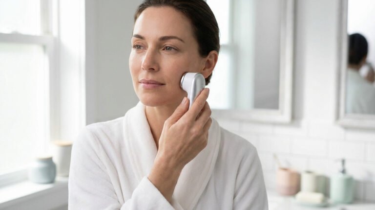 Woman in white robe uses a sleek silver skincare device on her cheek. Thoughtful, serene expression in a bright bathroom setting.