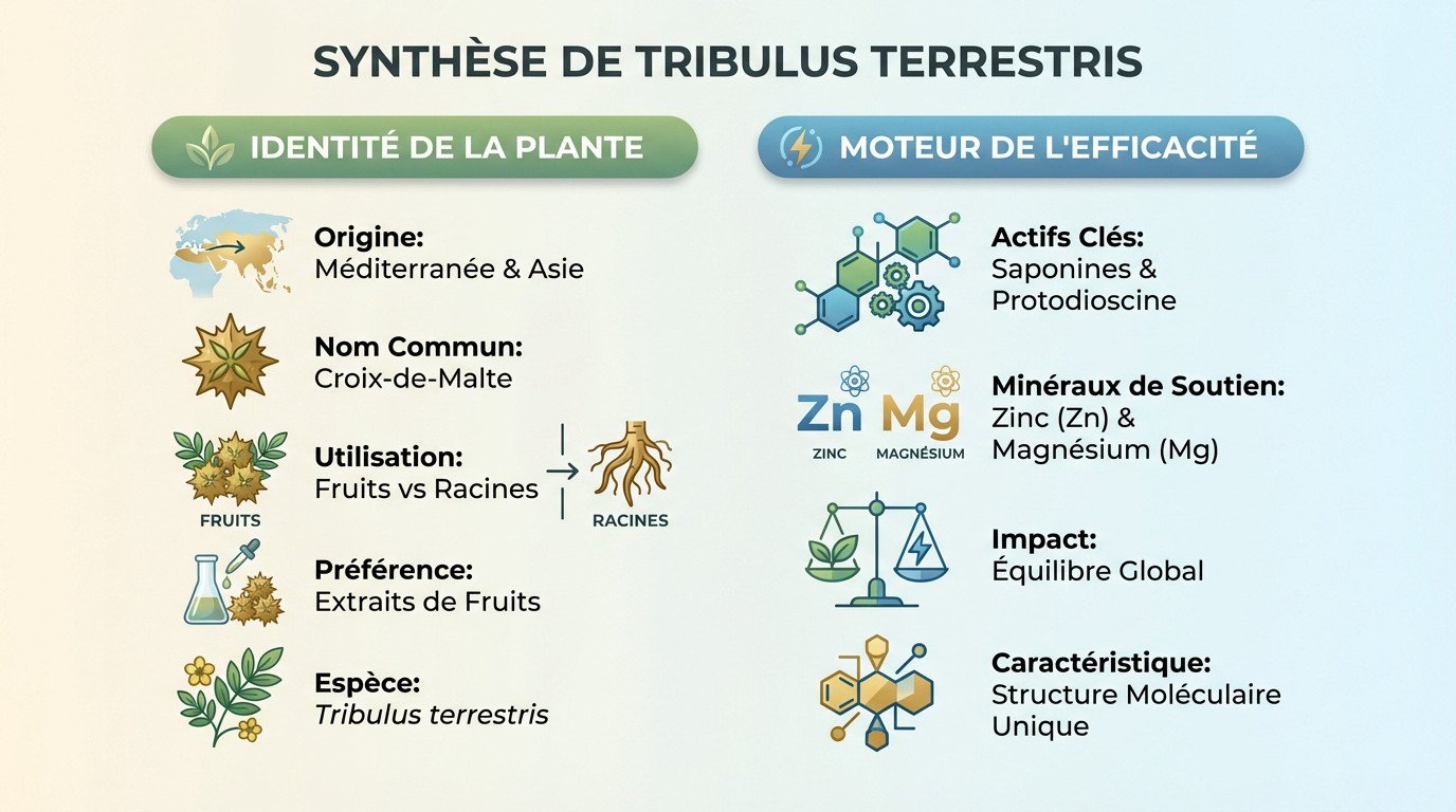 Schéma explicatif de la composition et des effets du Tribulus terrestris