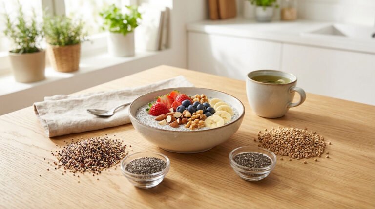 Un bol de petit-déjeuner coloré composé de pudding au chia, de fraises, de myrtilles, de bananes et de noix, servi sur une table en bois avec des céréales complètesune alternative flocons avoine