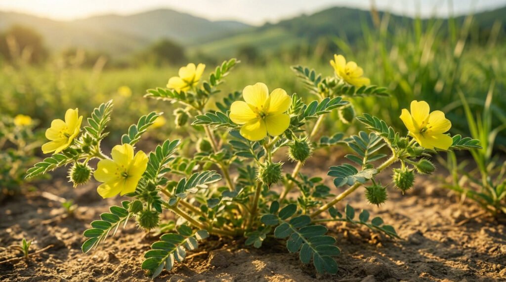 Close-up of a vibrant Tribulus Terrestris plant with yellow flowers and spiky fruits, bathed in warm natural sunlight against a blurred green landscape.
