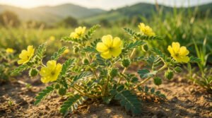 Close-up of a vibrant Tribulus Terrestris plant with yellow flowers and spiky fruits, bathed in warm natural sunlight against a blurred green landscape.