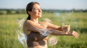 Radiant woman stretching in a field, holding water, with glowing bones, cells, and shimmering peptides symbolizing collagen benefits.
