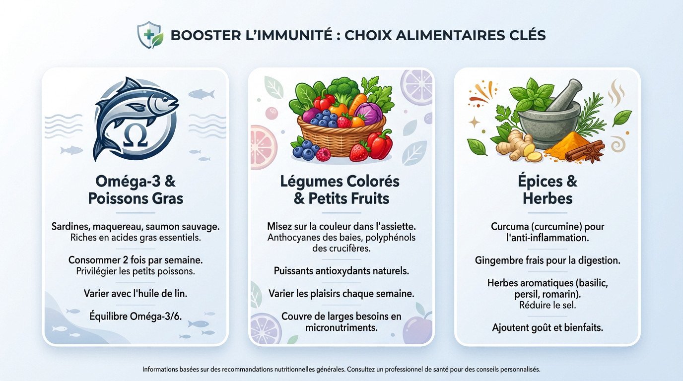Sélection d'aliments anti-inflammatoires incluant poissons gras et légumes colorés