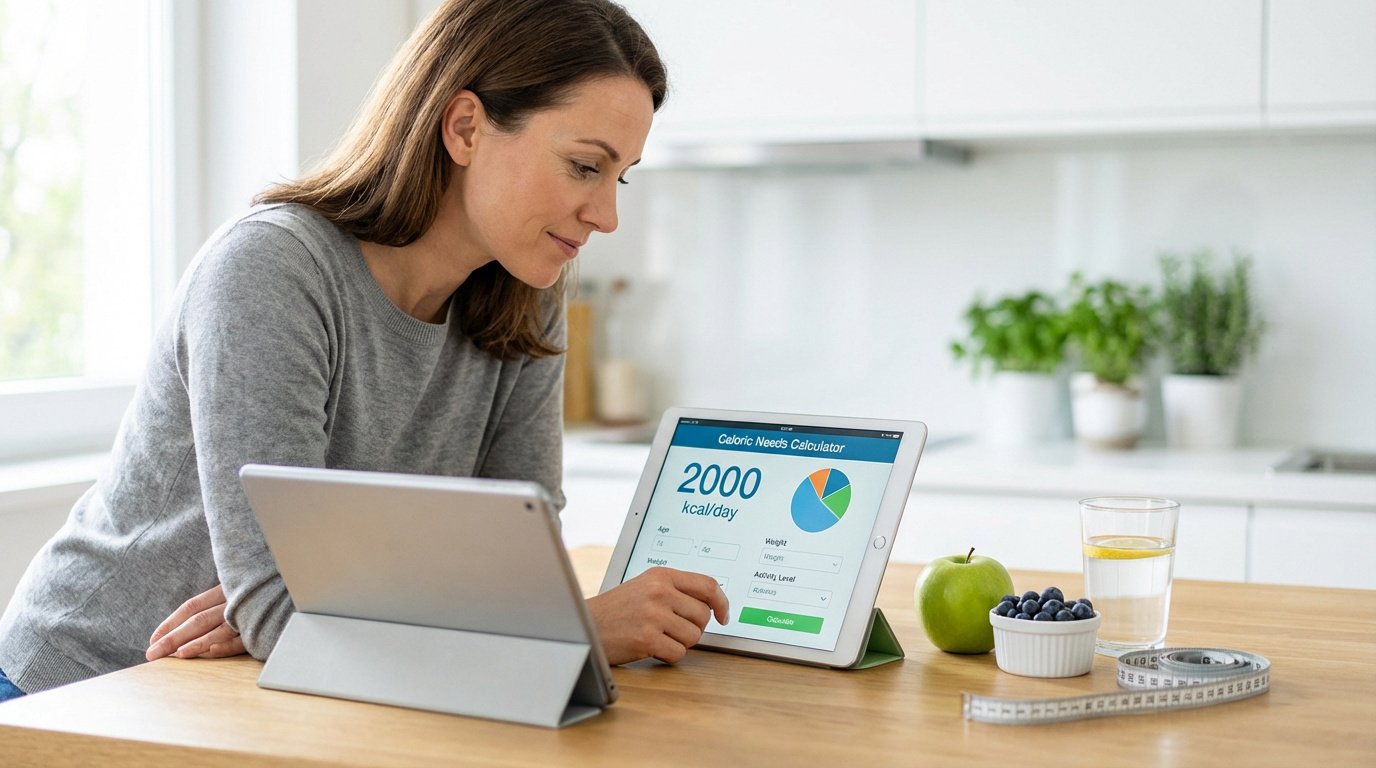 Femme calcule ses besoins caloriques sur une tablette. Fruits, verre d'eau et mètre ruban sont sur la table de cuisine.