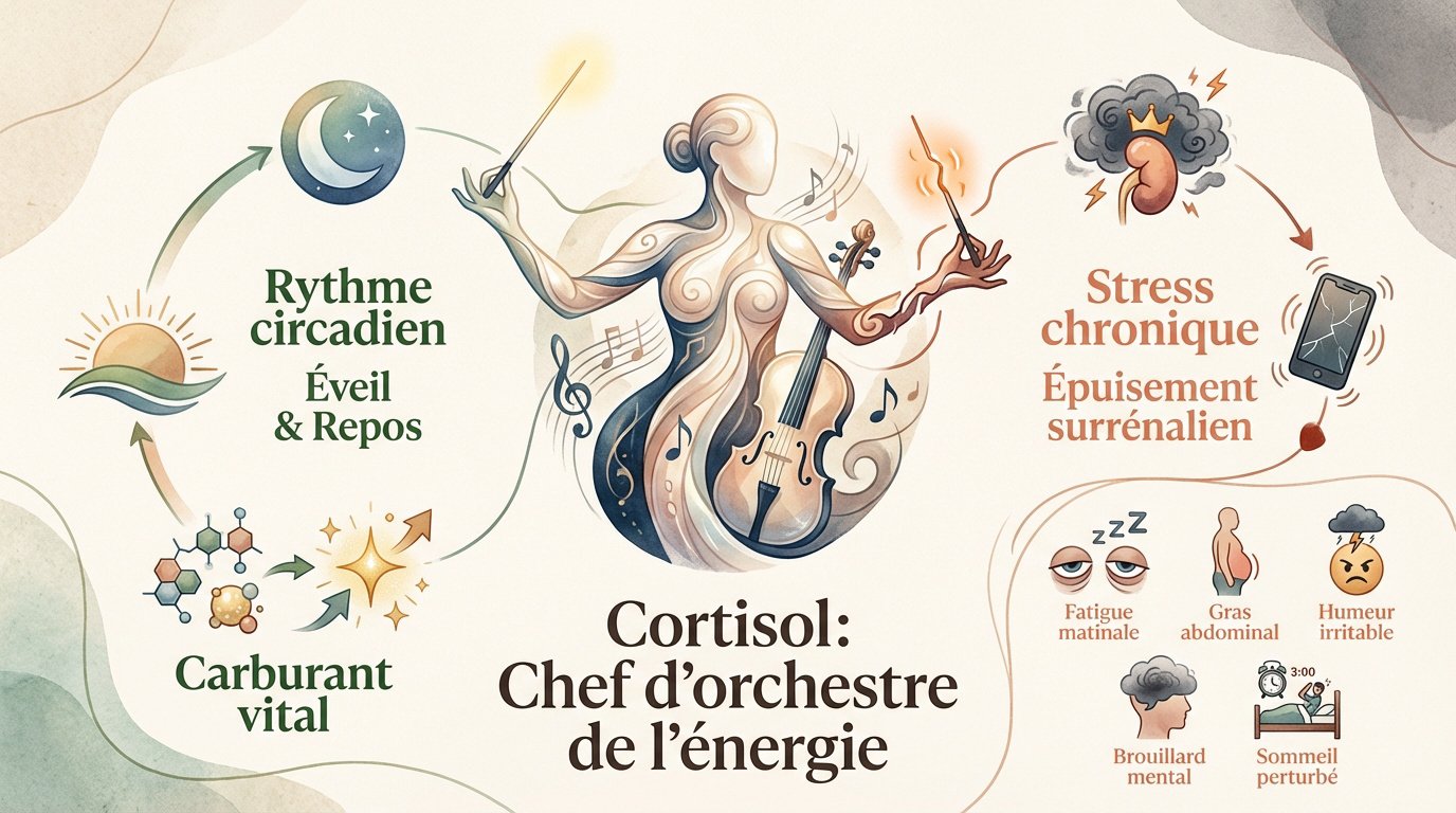 Schéma illustrant le cortisol comme régulateur de l'énergie et du métabolisme