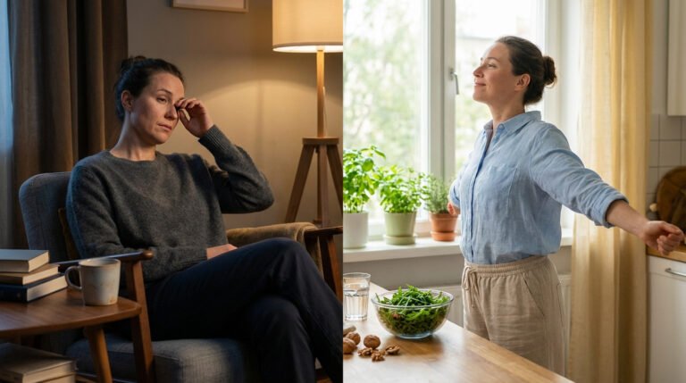 Diptych d'une femme: à gauche fatiguée dans une pièce sombre, à droite énergique dans une cuisine lumineuse avec des aliments sains.