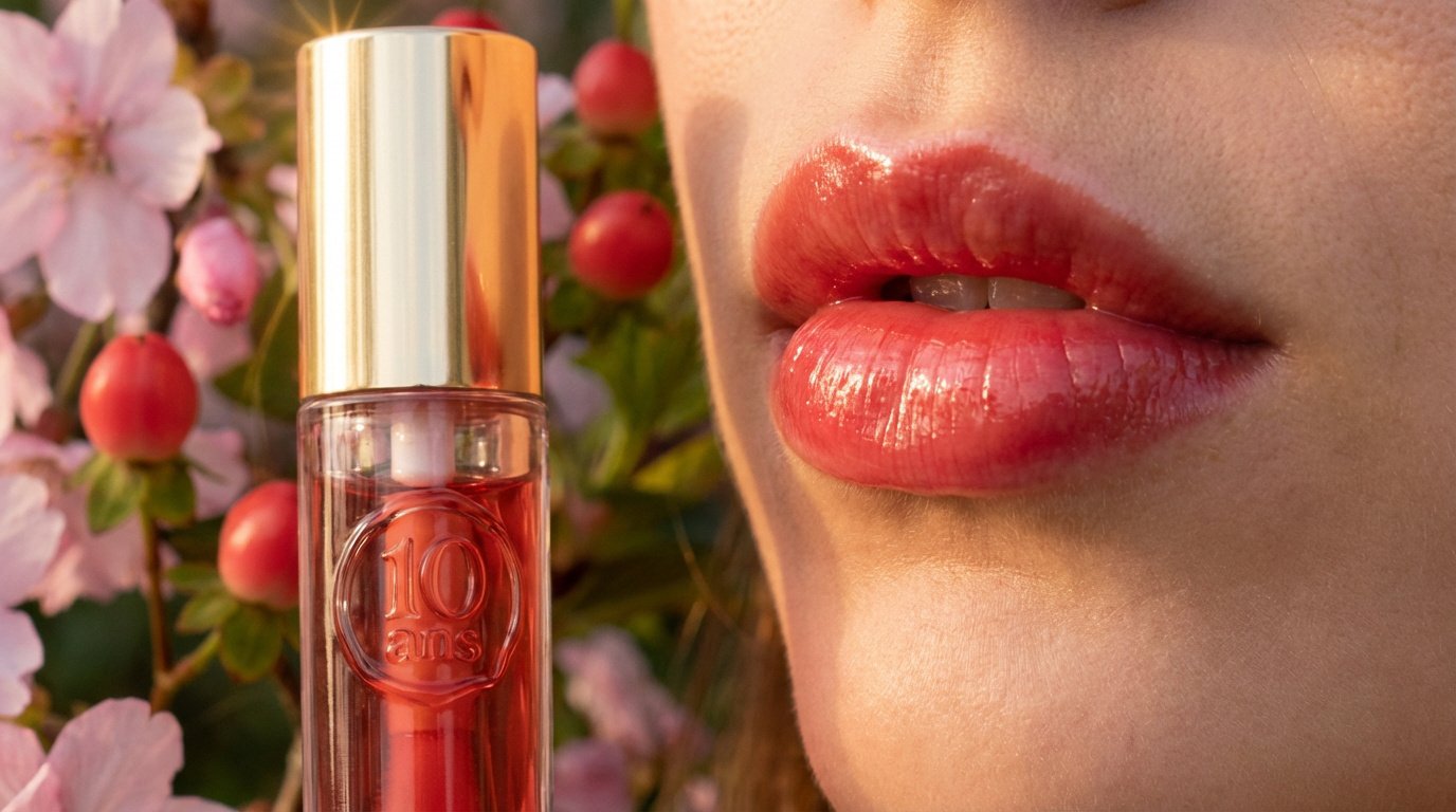 Gros plan sur une bouche aux lèvres roses brillantes à côté d'une bouteille d'huile lèvres Clarins "10 ans" sur fond floral.