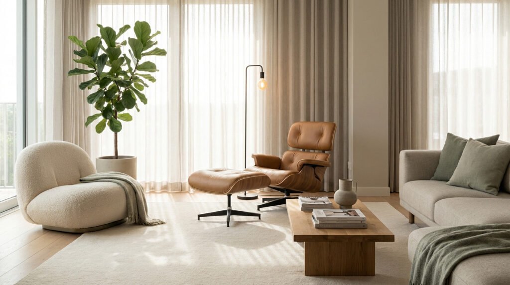 Sophisticated living room featuring an Eames lounge chair, a cream bouclé armchair, and a sofa under soft natural light.