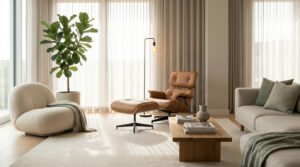 Sophisticated living room featuring an Eames lounge chair, a cream bouclé armchair, and a sofa under soft natural light.