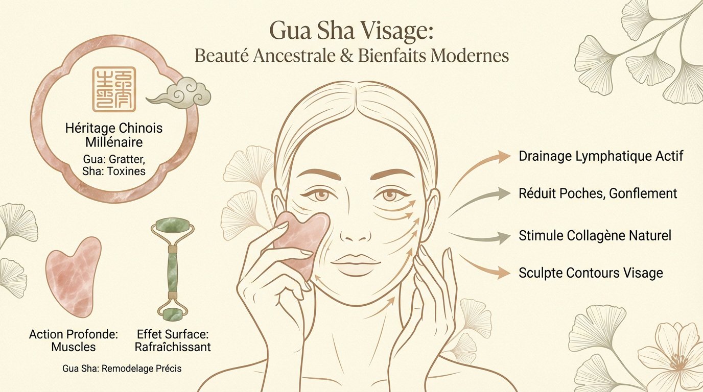 Massage du visage avec un gua sha en quartz rose pour drainer la lymphe