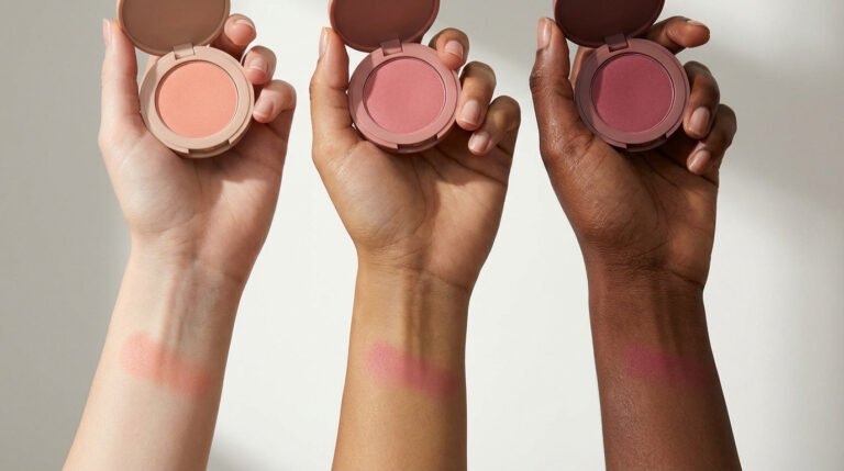 Trois mains présentant des blushs et leurs swatches sur des peaux claires, moyennes et foncées. Gamme de teintes pour diverses carnations.