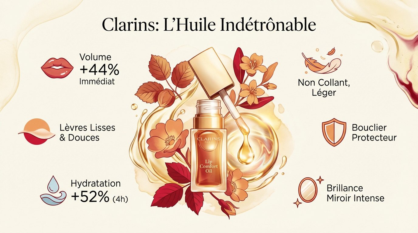 Infographie des bienfaits de l'huile à lèvres Clarins Lip Comfort Oil
