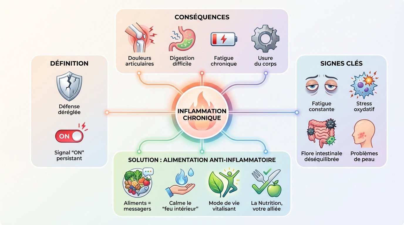 Infographie expliquant le lien entre inflammation chronique et alimentation anti-inflammatoire