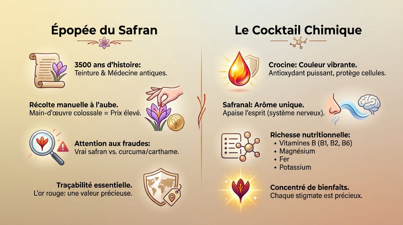 Schéma illustrant l'histoire, la récolte manuelle et la composition chimique du safran