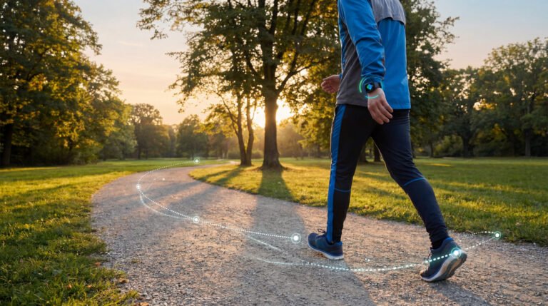 Vue d'un homme marchant sur un sentier en gravier dans un parc au coucher du soleil, avec un suivi numérique de ses pas.